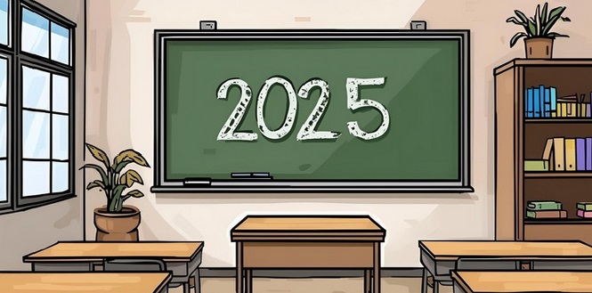 une salle de classe de primaire avec 2025 écrit sur le tableau