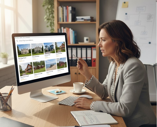 une femme consulte des sites d'hébergement sur son ordinateur