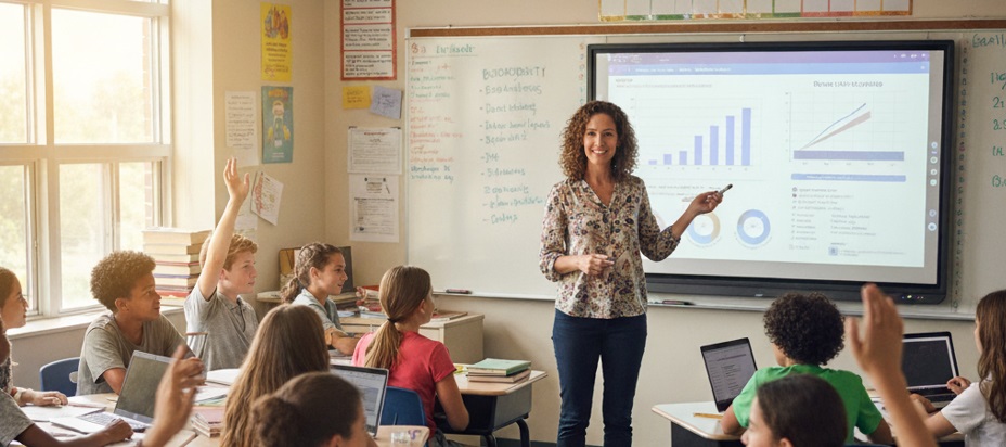 une enseignante se tient devant sa classe d'élèves