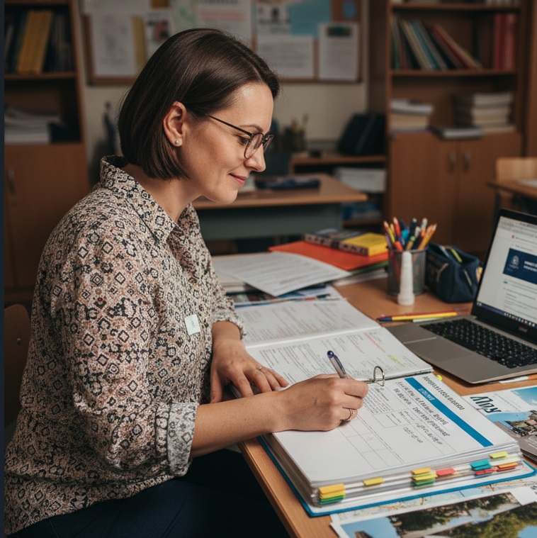 une enseignante consulte des ressources documentaires