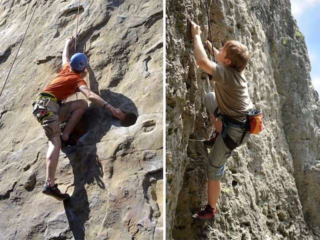 Enfants faisant de l'escalade en colonie de vacances d'été à la montagne