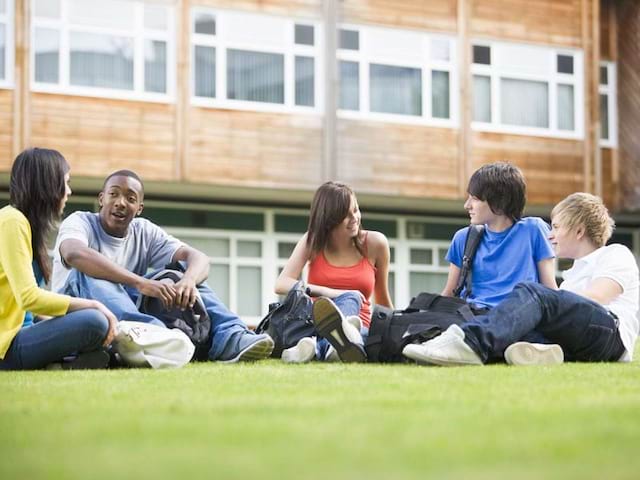 Groupe d'adolescents assis dans l'herbe en colo