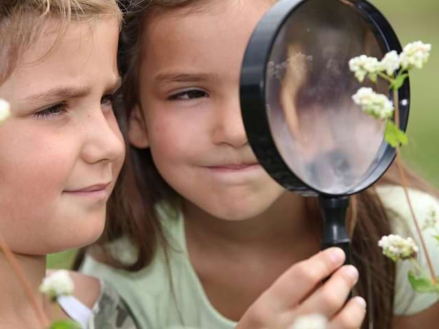 Deux jeunes filles observant une plante à l'aide d'une loupe en colonie de vacances été