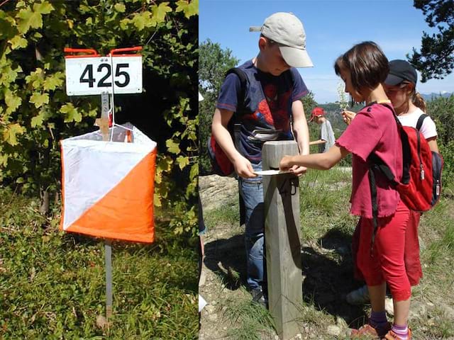 Enfants faisant une course d'orientation en colonie de vacances à la campagne 