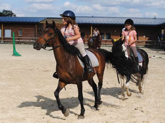 enfants faisant de l'équitation durant un stage sportif