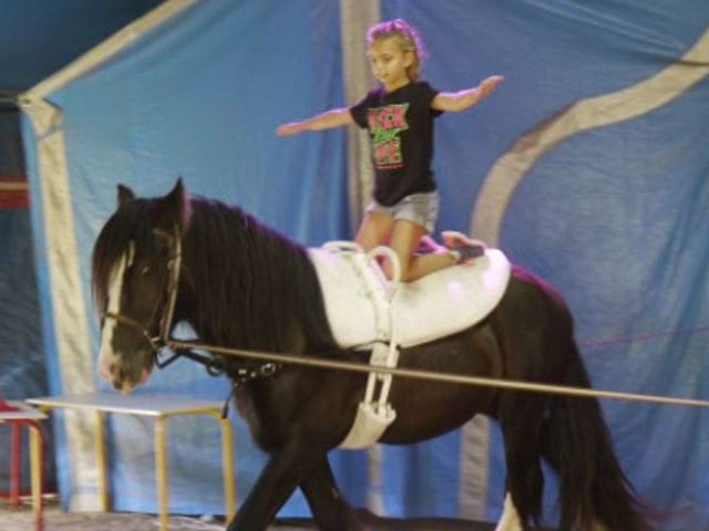 Enfant en équilibre sur un cheval pendant sa colo cheval