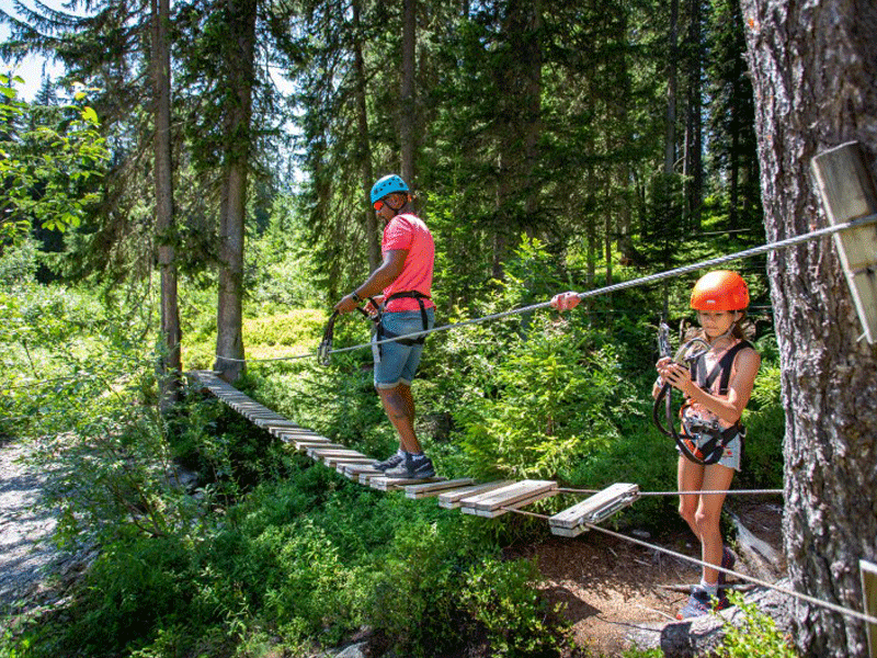 Enfants faisant de l'accrobranche en colonie de vacances d'été à la montagne 