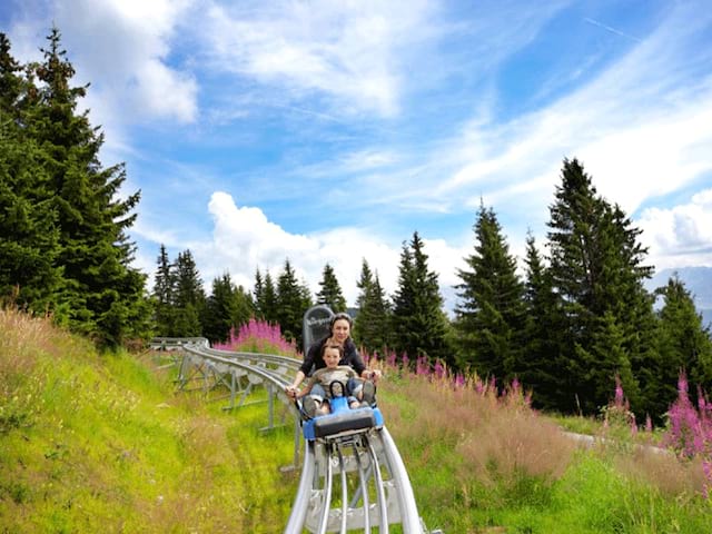 enfants découvrant la montagne en luge à rails en colonie de vacances 