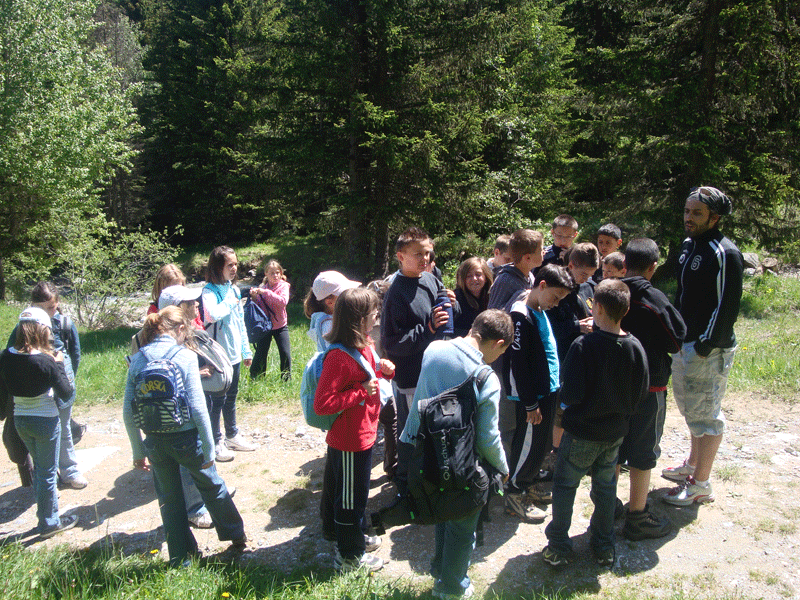 groupe d'enfants en balade en colonie de vacances à la montagne