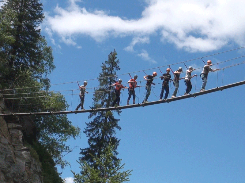 groupe d'adolescents faisant de l'accrobranche en colonie de vacances