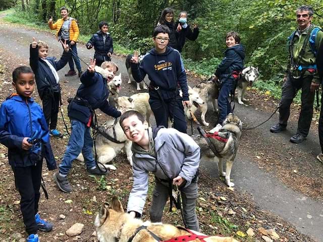 Enfants et leurs chiens lors de l'activité cani rando en colo de vacances