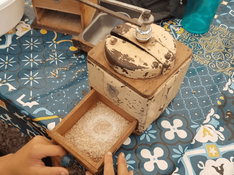 Enfants qui apprennent à moudre de la farine pour fabriquer du pain en colonie de vacances cet été