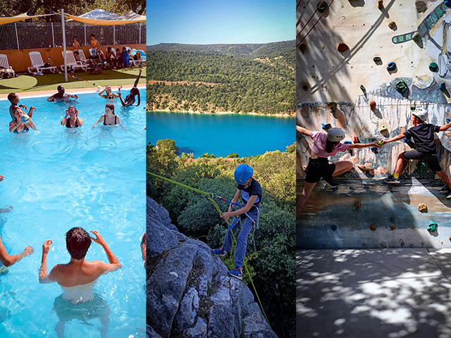 enfants piscine amusement jeune garçon descente rappel montagne deux amis se tiennent la main mur escalade