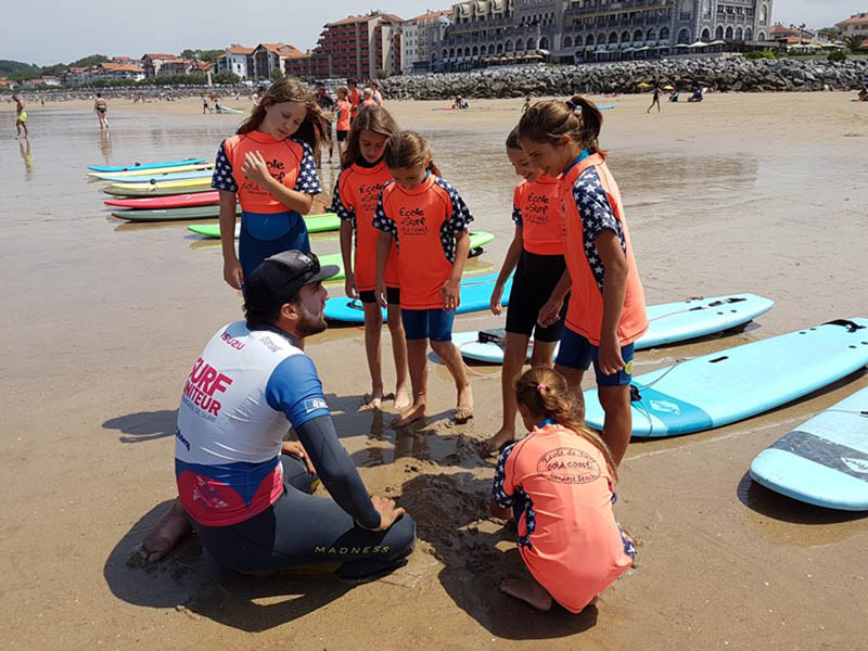 Prof de surf et groupe de jeunes enfants qui apprennent le surf à Anglet, dans le Sud de la France