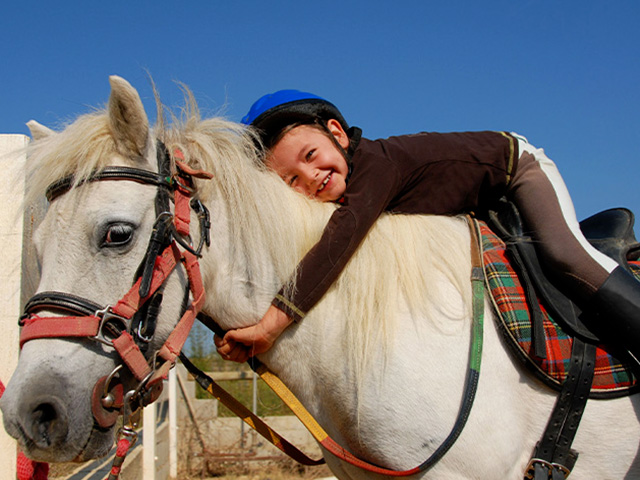 Enfant sur poney en colonie de vacances été
