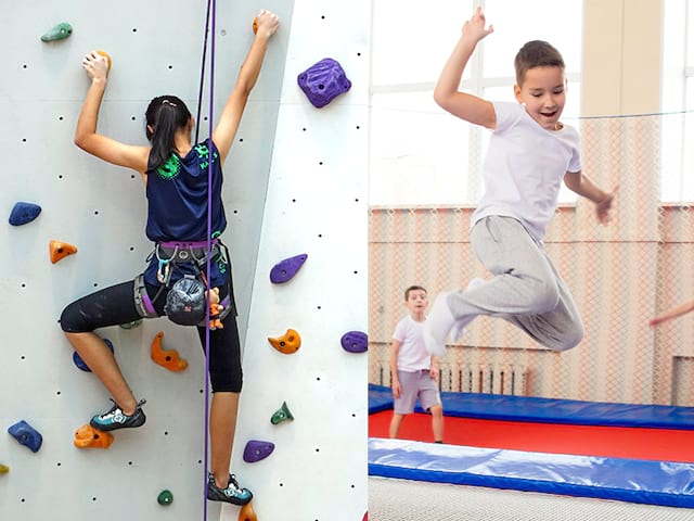 enfants pratiquant l'escalade et le trampoline en colonie de vacances cet été