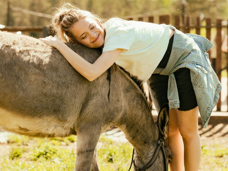 Jeune fille qui fait un calin à son âne en colo de vacances itinérante cet été