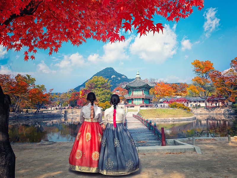 paysage typique de corée du sud avec coréennes habits traditionnels