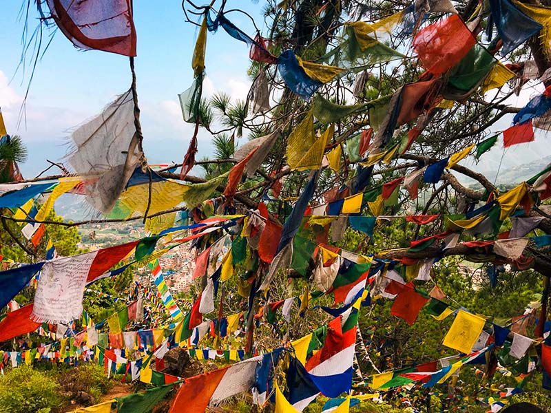 Petits drapeaux bouddhistes en colo de vacances au Népal cet été 