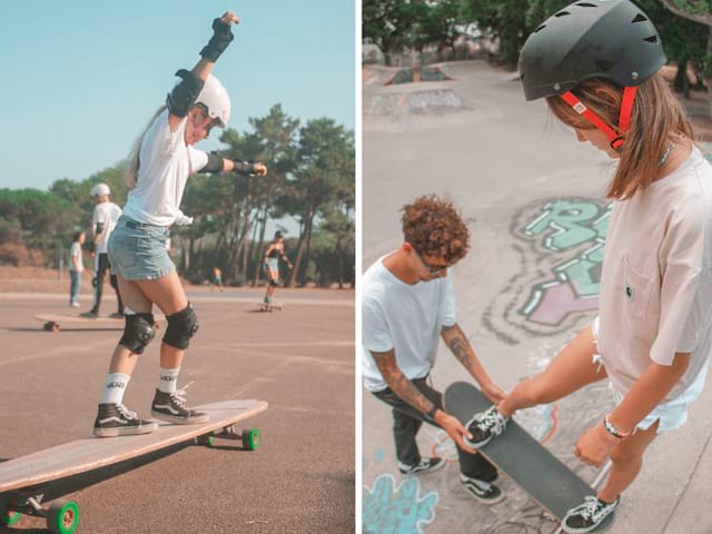 Jeunes en colonie de vacances qui s'essayent aux sports de glisse (surf, skate...)