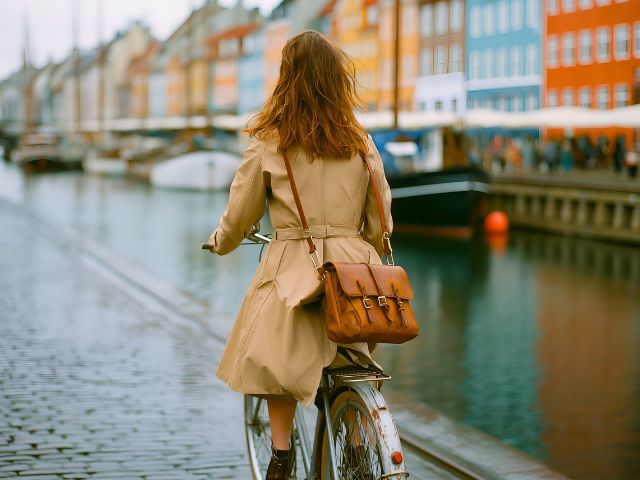 Jeune fille en colo de vacances à Copenhague qui fait du vélo