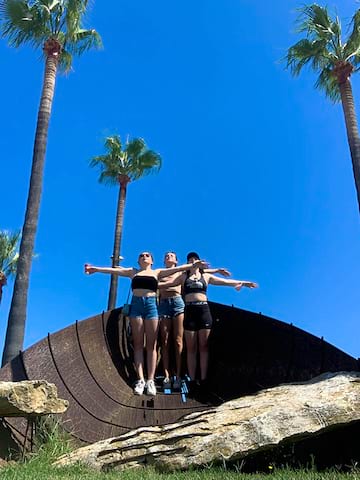 ados en groupe sous les palmiers en colonie de vacances cet ete