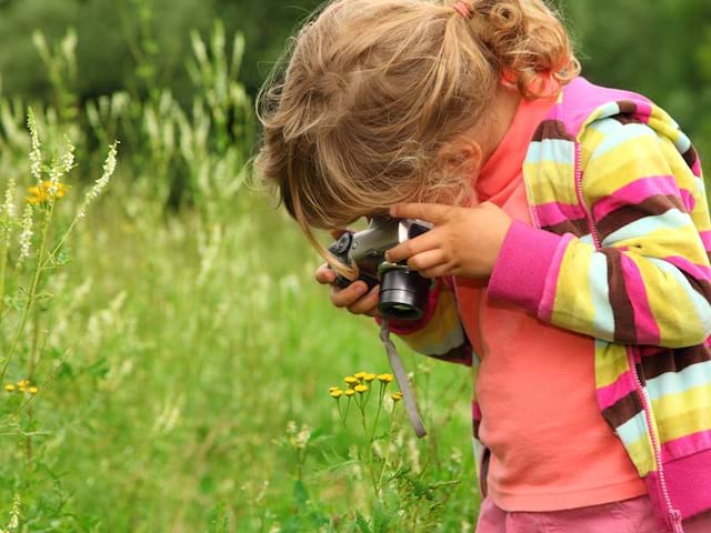 fillette prenant en photo des fleurs du jardin en colonie