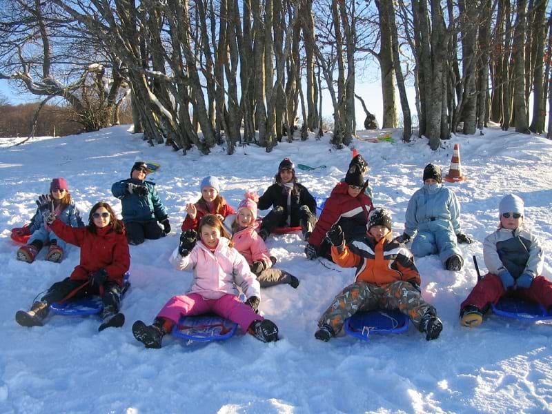 Groupe d'enfants faisant de la luge en colonie de vacances