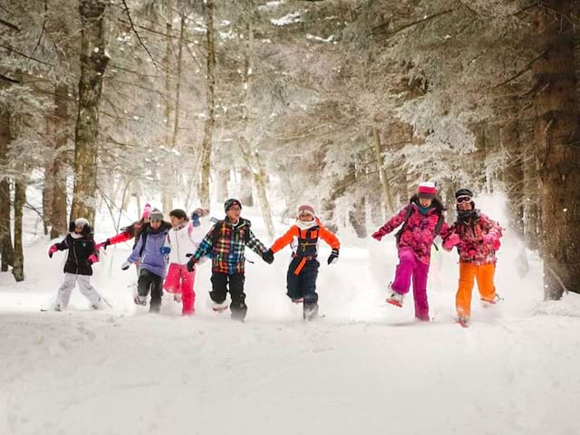 Groupe d'enfants en randonnée à raquettes en colo