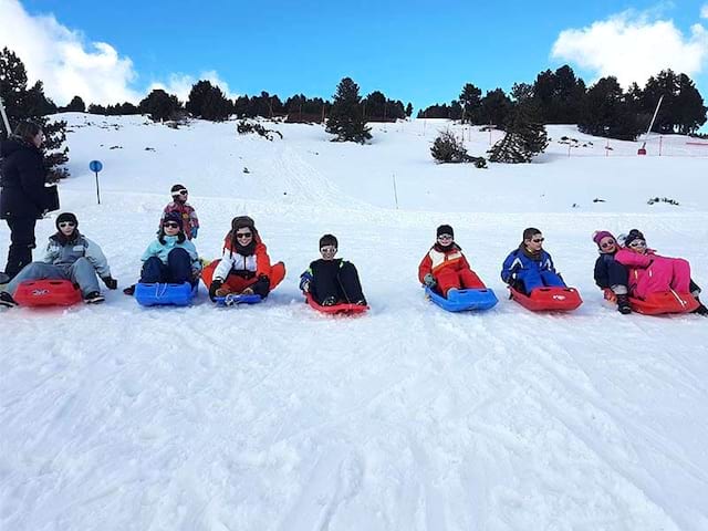 Groupe d'enfants en luge cet hiver en colonie de vacances