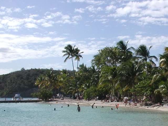 Vue sur les baigneurs et une plage ensoleillée en Guadeloupe lors d'une colonie de vacances en hiver