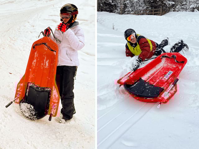 Jeunes qui font de la luge en colo de vacances durant le séjour Ski sensations cet hiver