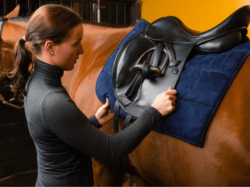 Jeune fille qui s'occupe de sa monture en colo de vacances Equitation cet hiver à Retournac