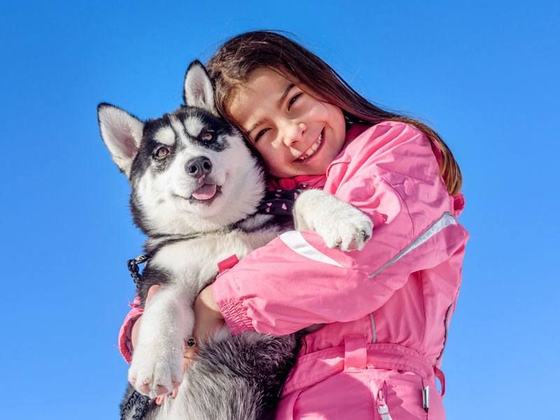 Jeune fille qui caline un chiot en colo de vacances avec activité chien de traineau