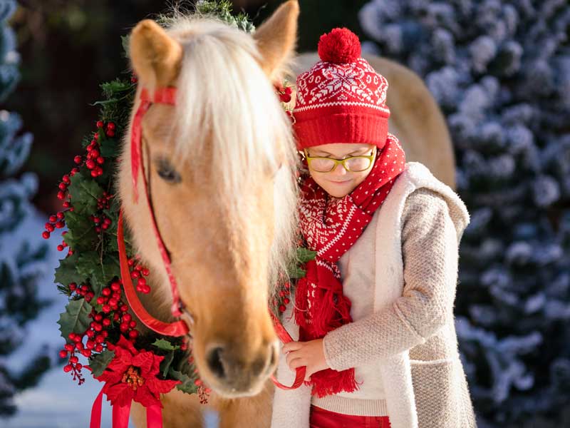 Portrait d'un enfant avec son cheval à Noel en colonie de vacances