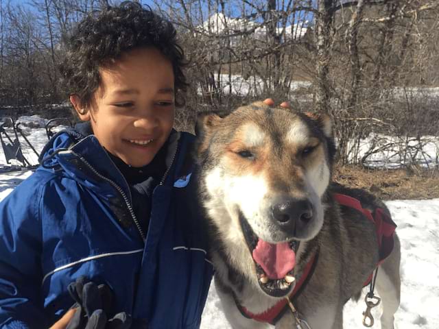 Jeune garçon en colo de vacances Artistes en herbe durant Noel qui s'amuse avec son chien pendant l'activité chiens de traineaux