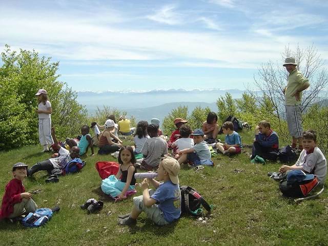 Groupe d'enfants en colonie de vacances assis dans l'herbe