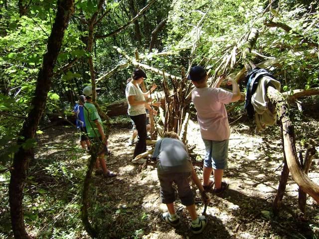 Jeunes enfants en train de construire une cabane d'aventurier