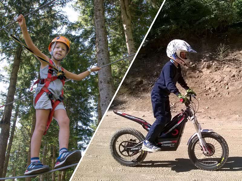 Enfants pratiquant de l'accrobranche et de la moto cross en colonie de vacances Djuringa Juniors