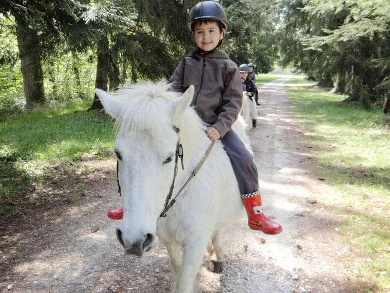 Jeune enfant à cheval à la campagne en colonie de vacances ce printemps