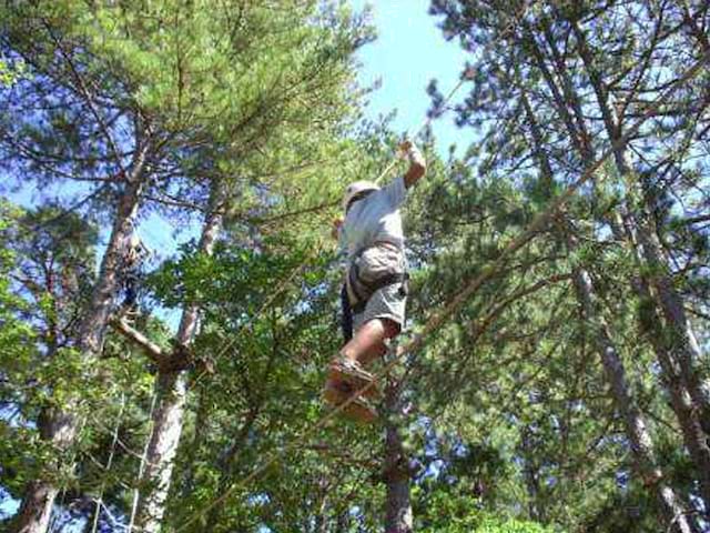 Enfant faisant de l'accrobranche en colonie de vacances au printemps