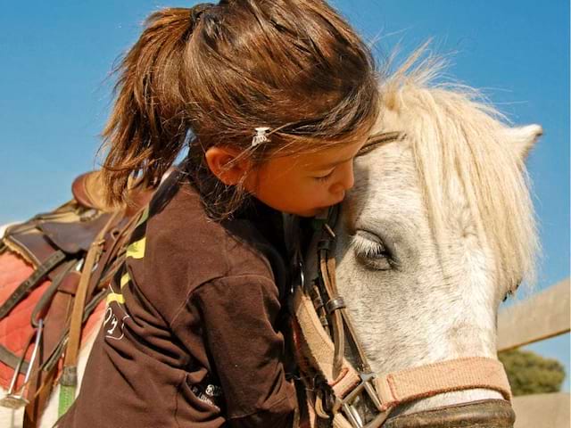 Jeune fille avec son poulain en colo de vacances ce printemps