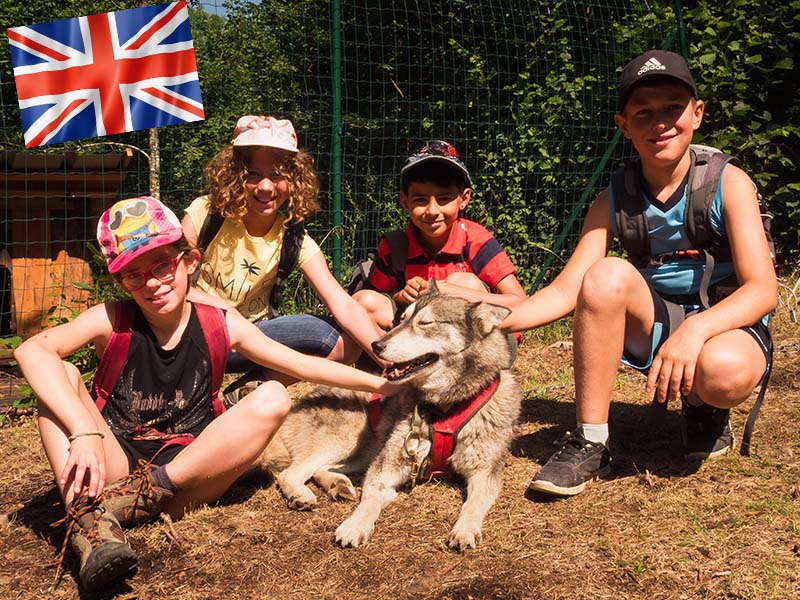 groupe d'enfants avec les chiens en canirandonnée en colonie de vacances ce printemps