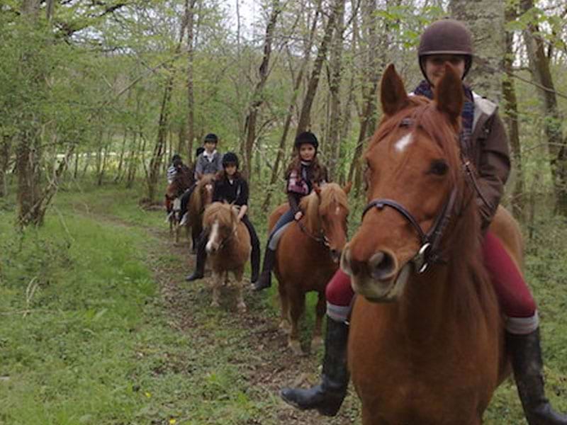 Groupe d'enfants à cheval en colonie de vacances