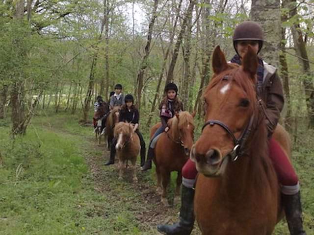 Groupe d'enfants pratiquant l'équitation en colo 