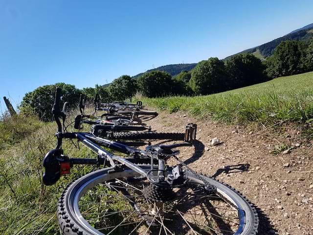 vélos posés sur le chemin de campagne en colonie de vacances d'automne