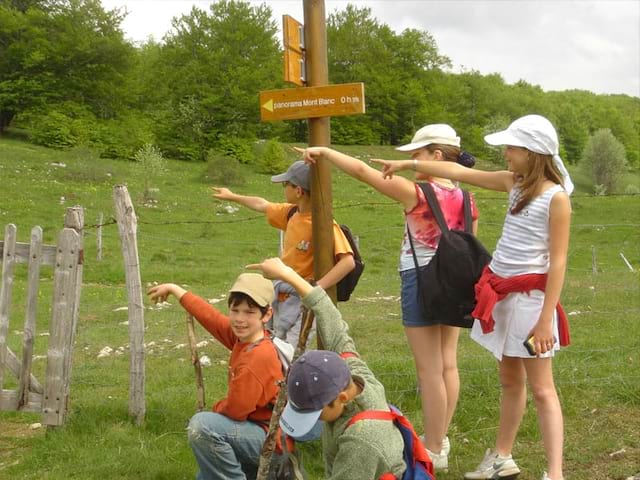 groupe d'enfants en course d'orientation en colonie de vacances cet automne