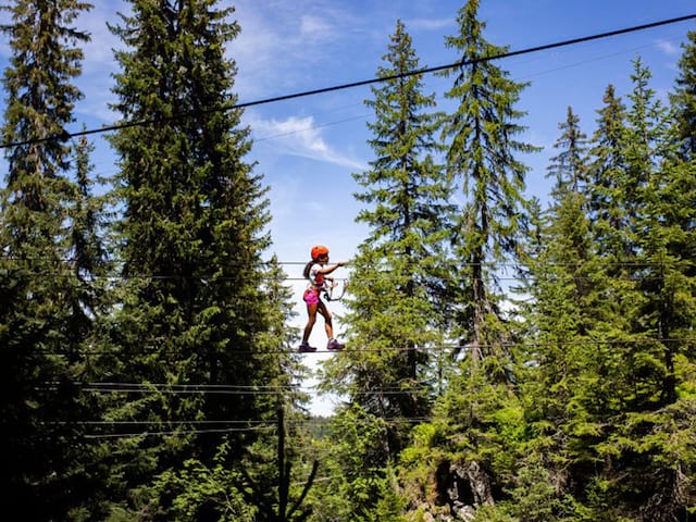 adolescente sur un parcours d'accrobranche à la montagne pendant une colonie de vacances