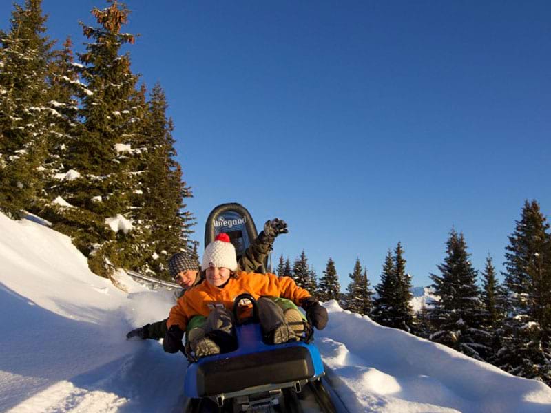 enfants et ados faisant de la luge sur rails en colo