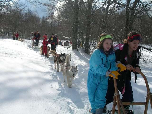 préados faisant du traineau en colonie de vacances cet hiver